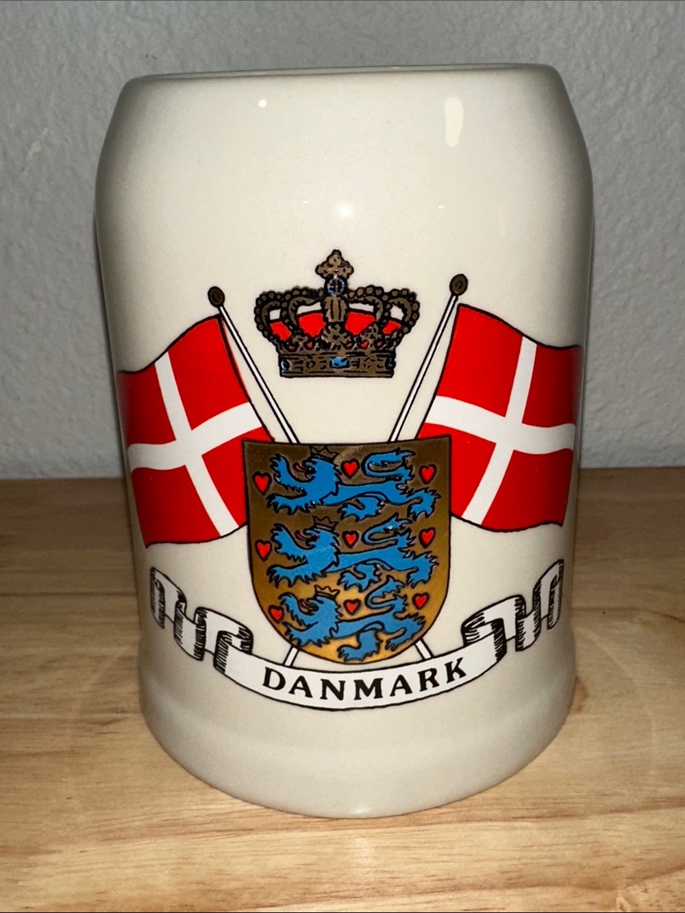 Vintage Danmark Souvenir Beer Stein – Danish Coat of Arms Ceramic Mug